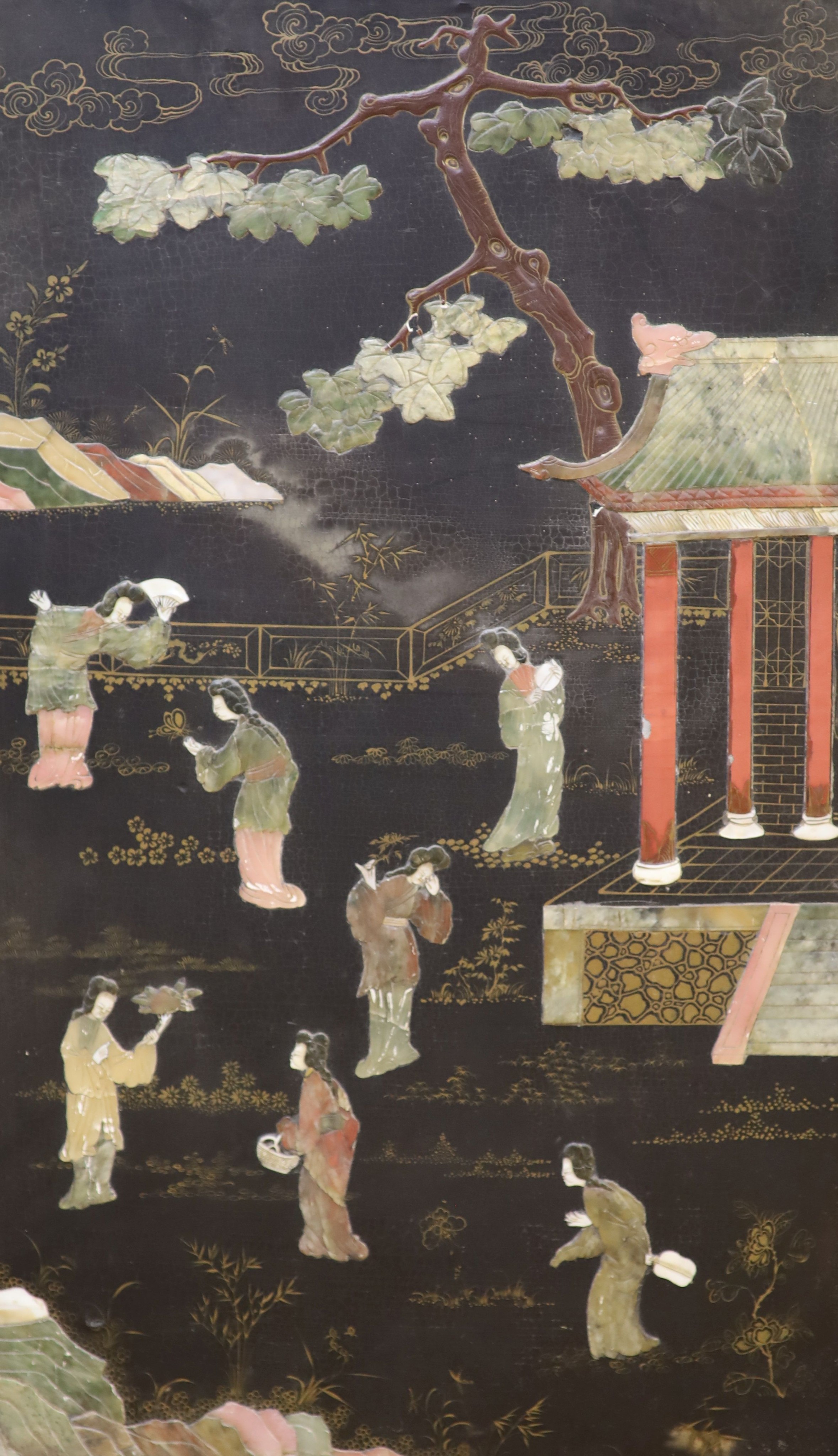 A Chinese soapstone inlaid lacquer panel, 80 1X 50 cm
